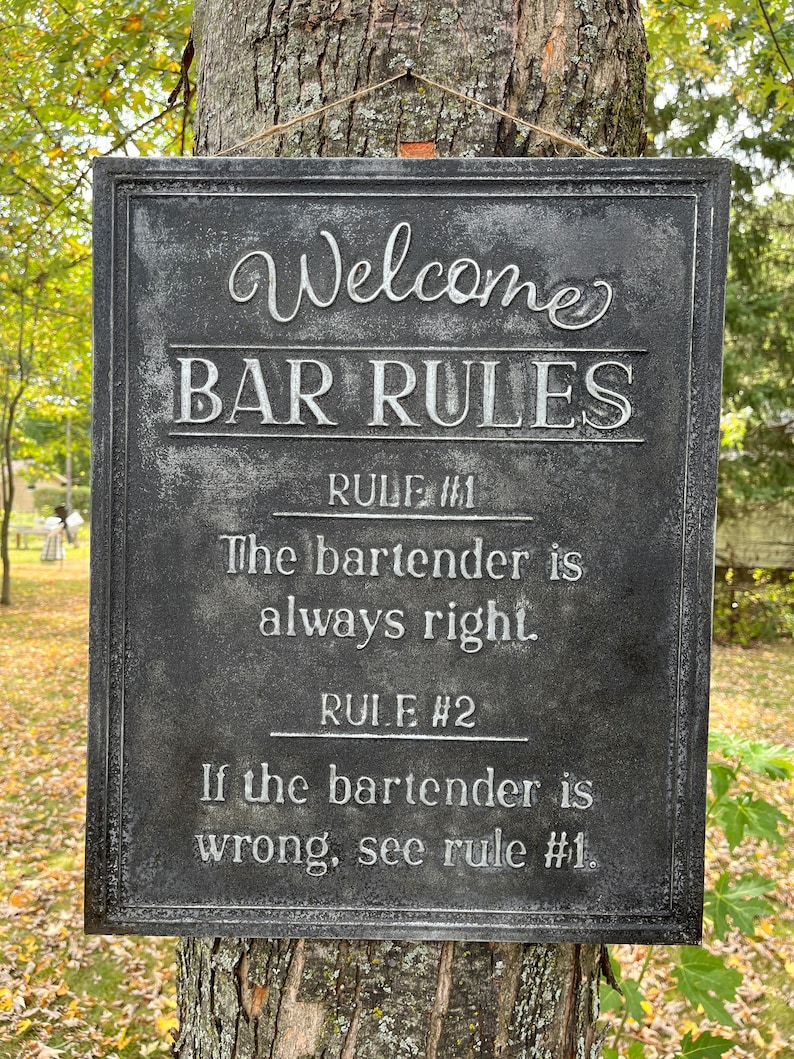 Antiqued Bar Sign, Bar Rules Metal Embossed Basement Garage Bar Man ...