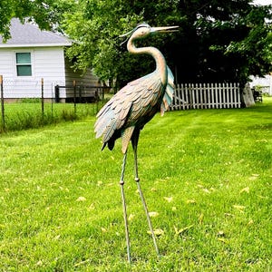 Aged Metal Blue Heron Garden Stake: Outdoor Crane Bird Yard Art