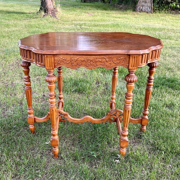 Antique Burl Wood Scalloped Carved Parlor Console Center Table, 6 legs EC94