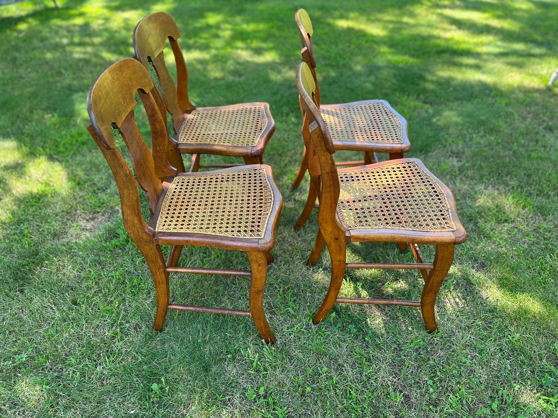 Antique Wood Cane Seat Chairs Set of 4 French Country Etsy