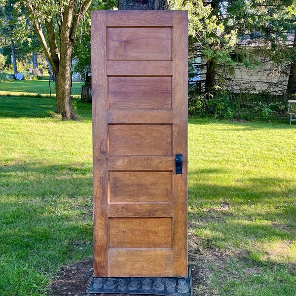 Antique Oak Wood Five Raised Panel Door, Reclaimed, Architectural Salvage, Restoration 28" x 77 3/4" ES86-LH