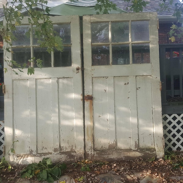 Antique Large Wood Carriage House Barn Doors with Glass, Architectural Salvage, Farmhouse Garage Shed Building Supply, Double Doors 4' x 8'