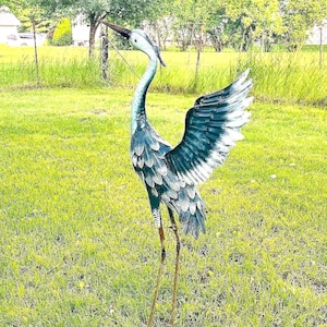 Blue Heron Crane Statue: Outdoor Garden Sculpture with Wings (37.5")