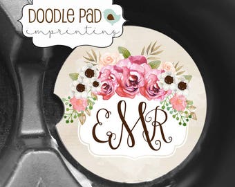 Monogrammed Car Coaster, SandStone Car Coasters, Floral Car Coaster, Cup Holder Coaster