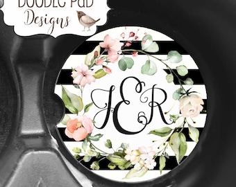 Blush Pink Car Coasters, Portavasos de coche Floral Monogram