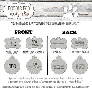 May include: Image shows various pet ID tag designs. Options include bone-shaped and circular tags with space for names, phone numbers, and addresses. The text "DOODLE PAD designs" is at the top, along with a paw print.