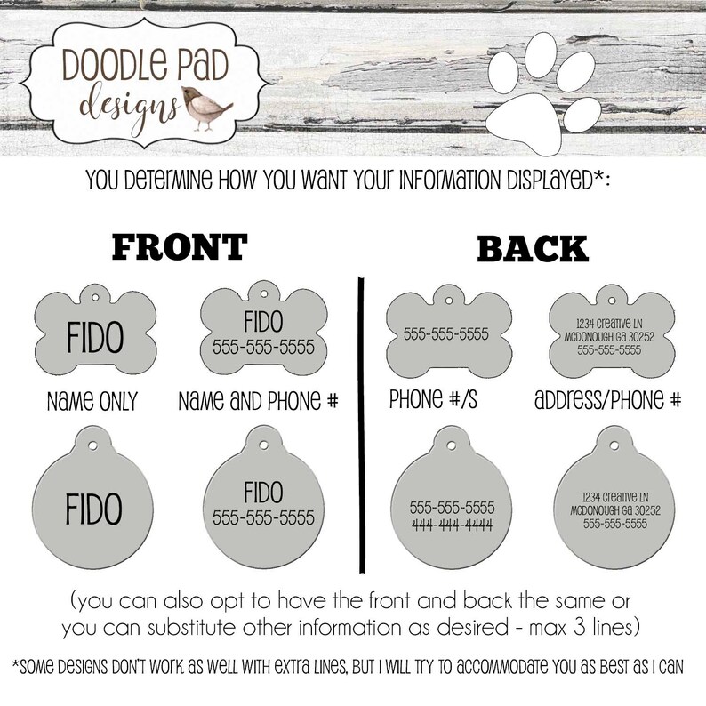 May include: Image shows various pet ID tag designs. Options include bone-shaped and circular tags with space for names, phone numbers, and addresses. The text "DOODLE PAD designs" is at the top, along with a paw print.
