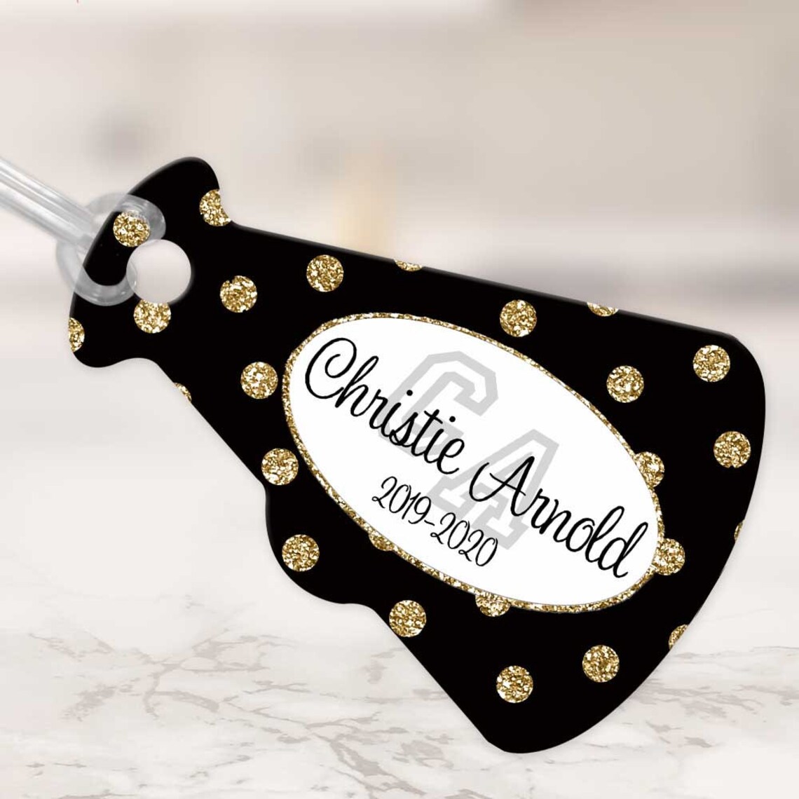 Cheerleader Tag Black With Gold Dots Megaphone Bag Tag Cheer Etsy
