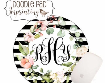 Blush Pink Monogram Mouse Pad, Personalized Floral Mousepad
