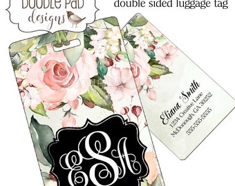 Monogrammed Luggage Tag, Floral Vacation ID Tag