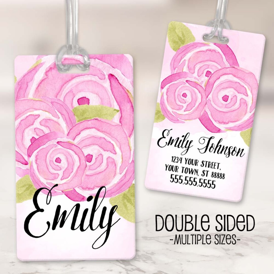 Custom Luggage Tag Pink Roses, Watercolor Roses Bag Tag, - Etsy