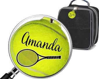 Sports Lunch Tote Red Striped Green Tennis Ball Snack Sack Tennis Game Sports Personalized Neoprene Lunch Tote Bag Kids Name Gift
