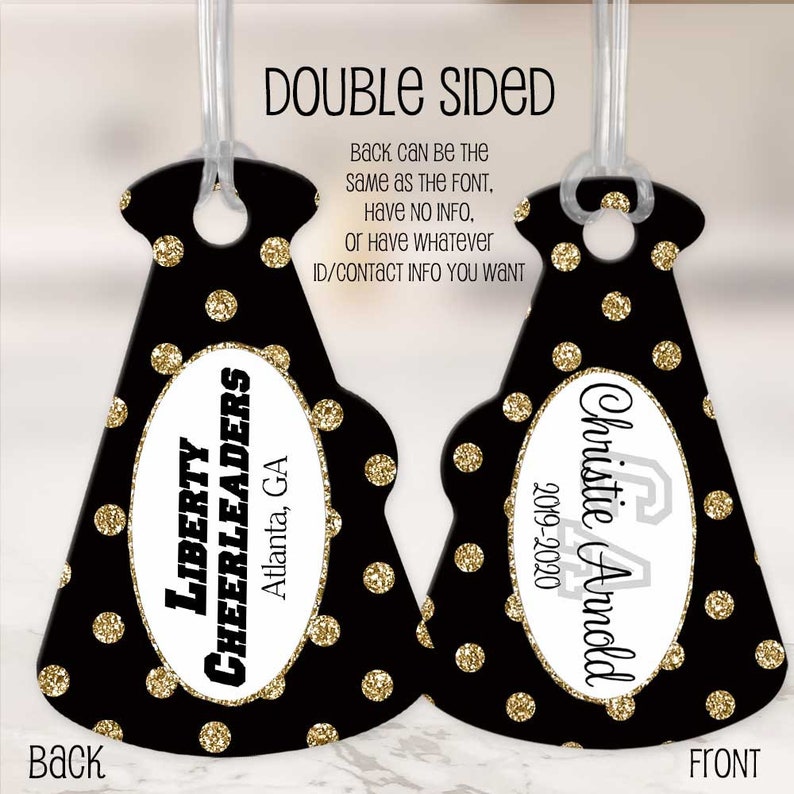 Cheerleader Tag Black With Gold Dots Megaphone Bag Tag Cheer Etsy
