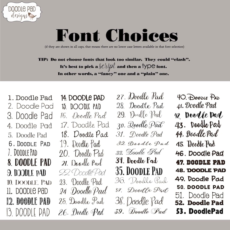 Puede incluir: Una lista de 53 opciones de fuentes diferentes para los dise&ntilde;os de Doodle Pad. Las fuentes se muestran en varios estilos, incluyendo cursiva, negrita y may&uacute;sculas. El texto "Font Choices" est&aacute; en la parte superior de la imagen.