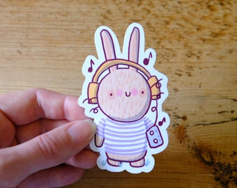 Kawaii Pickles the bunny rabbit listening to music sticker | Kawaii Stickers | Cute Vinyl Sticker, planner stickers, laptop sticker decal