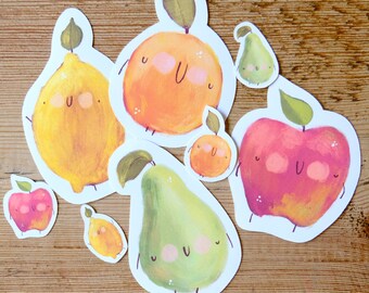 Kawaii fruit themed Sticker Pack | Die Cut matte vinyl Sticker pack of 8 | cute kawaii lemon, apple, pear, orange planner stickers