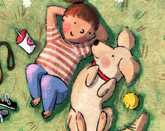 cute illustration print of girl and dog laying on grass. summer print, children's book illustration