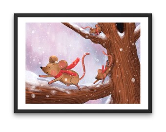 cute illustration print of running mouse in winter. wintery scene print, children's book illustration