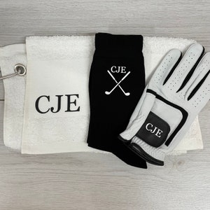 Personalised golf set with white golf towel, personalised golf glove, personalised golf socks, personalised golf towel, golfer gift