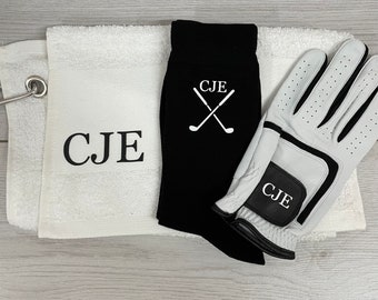 Personalised golf set with white golf towel, personalised golf glove, personalised golf socks, personalised golf towel, golfer gift