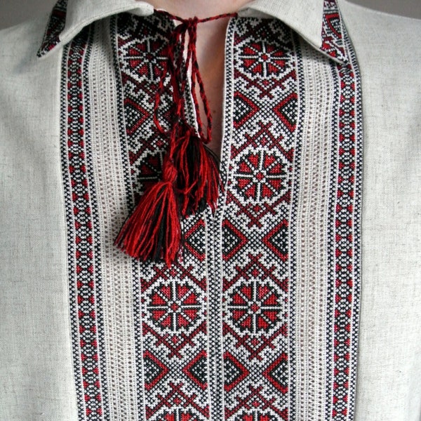 Totally handmade linen vyshyvanka. Traditional red and black embroidered vyshivanka shirt for men. Ukrainian clothing gift