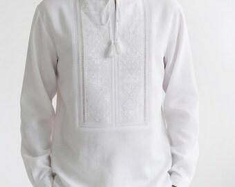 Men’s Linen-Cotton Vyshyvanka Shirt – White Traditional Ukrainian Embroidered Shirt – Handmade Folk Wedding Shirt