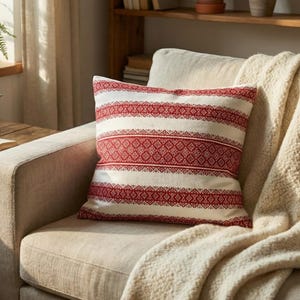 Red and White Woven Pillow Cover, Geometric Folk Art Cushion 18x18 20x20, Small Apartment Sofa Pillow, Ukrainian Heritage Home Decor Gift