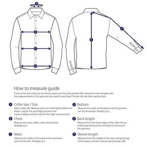 May include: Diagram illustrating how to measure a shirt for size. Includes labeled measurements for collar, chest, waist, bottom, back length, and sleeve length. Text explains how to measure and compare with a favorite garment.