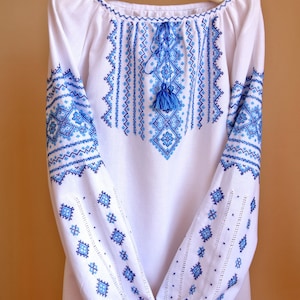 Totally handamde white vyshyvanka. Blue embroidery. Traditional ukrainian blouse. Vyshivanka. Ukrainian holiday present