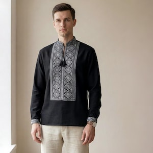 Black Linen Vyshyvanka for Men – Handmade Silver Satin-Stitch Ukrainian Embroidery Shirt