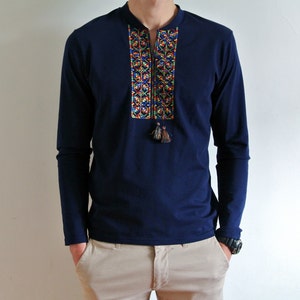 Multicolored vyshyvanka shirt. High quality navy blue stretch-cotton mens shirt. Ukrainian clothing Embroidered shirt. Чоловіча вишиванка