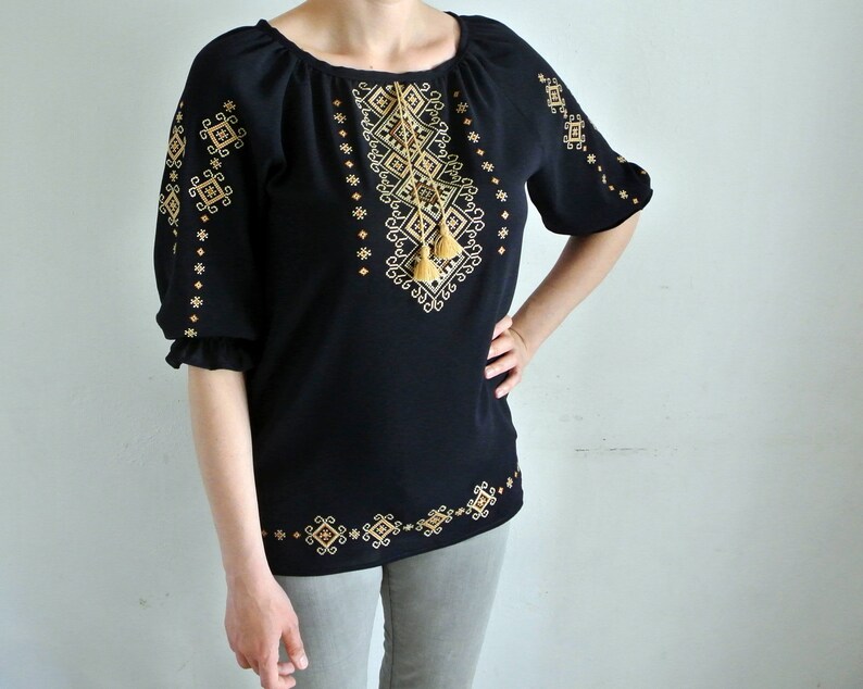 Ukrainian boho blouse Embroidered short sleeve blouse Navy blue Peasant blouse Bohemian clothing Ukrainian Festival blouse