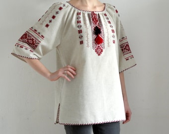 Boho style vyshyvanka blouse. Handmade Ukrainian traditional peasant blouse. Linen embroidered shirt.