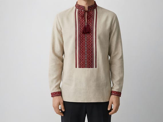Handmade Men’s Cotton‑Linen Vyshyvanka Shirt Ukrainian Cross‑Stitch Embroidered Dress Shirt Wedding & Heritage Event Outfit