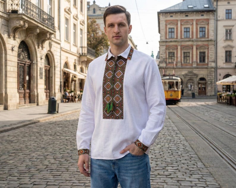 Handgjord Hutsul Vyshyvanka kyrkskjorta herrbomull folkceremonidräkt ukrainsk religiös tjänstskjorta traditionell kyrklig fest bild 6