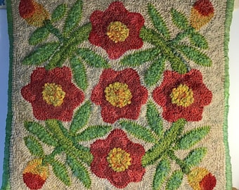 Vintage Posies rug hooking pattern on natural linen by Jeannie Vereen of Mill Village Wool - 15”w x 15”h