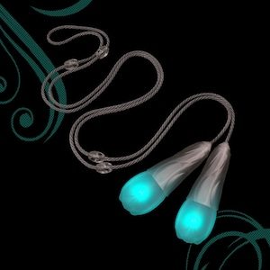 May include: A pair of grey corded curtain tiebacks featuring two elongated, tulip-shaped finials that emit a bright, glowing cyan light. The grey braided cords include small, clear, oval-shaped beads for adjustment along the length of the rope.