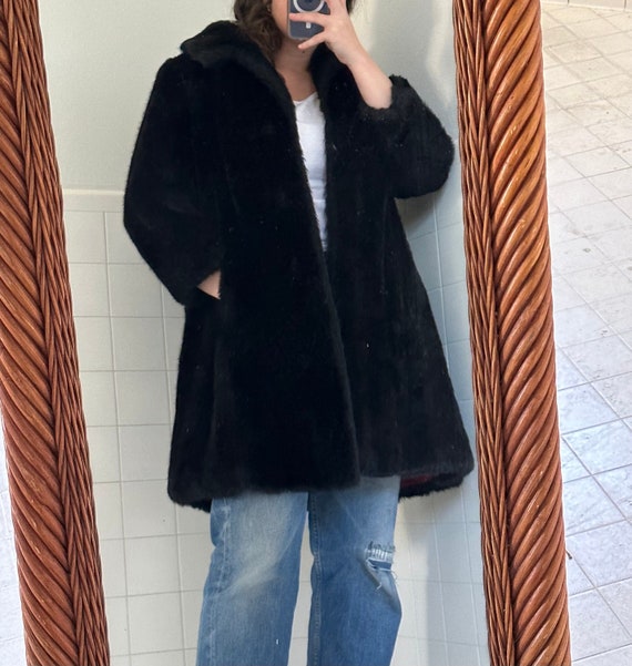 70s mob wife black faux fur coat • small •