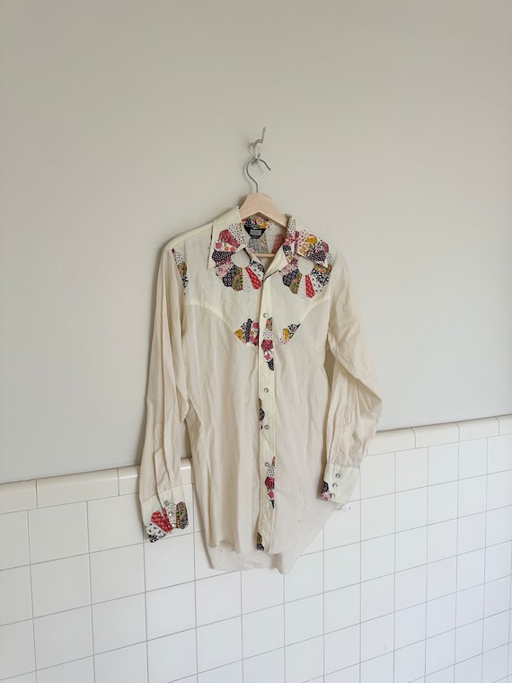 70s patchwork pearl snap button down• s/m• - image 1