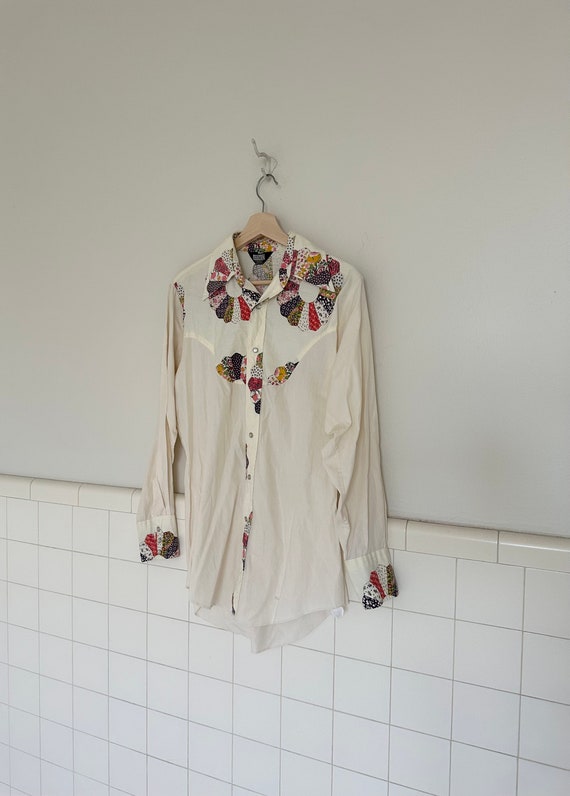 70s patchwork pearl snap button down• s/m• - image 8