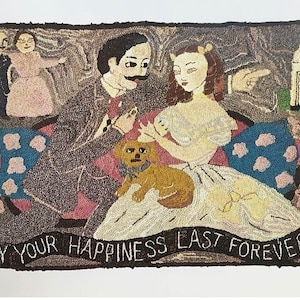May include: A rug depicting a couple sitting on a sofa with a dog. The rug is made of yarn and has a dark brown background. The couple are dressed in formal attire and the dog is brown with a blue collar. The rug has the text "May your happiness last forever" at the bottom.