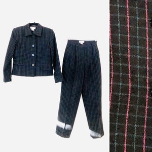 90s Wool Plaid Pant Suit • SIze 4 Petite•