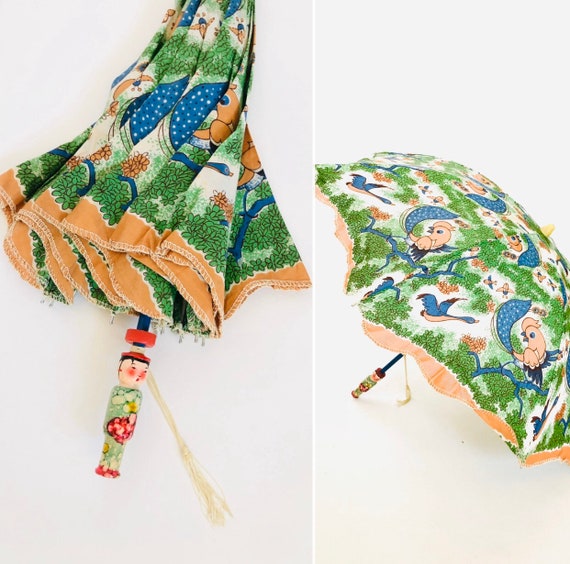 80s Children’s Cloth Parasol •bird motif •