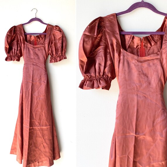 70s silk georgian puffed sleeve midi•6/8• square n