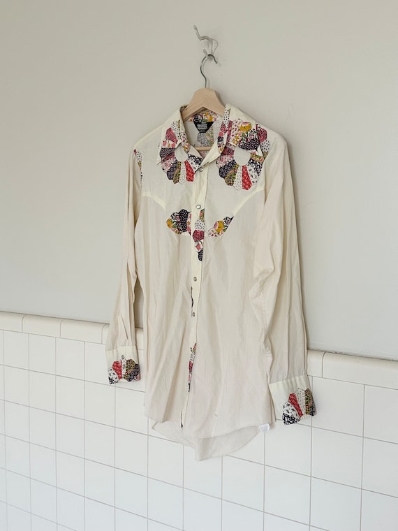 70s patchwork pearl snap button down• s/m• - image 5