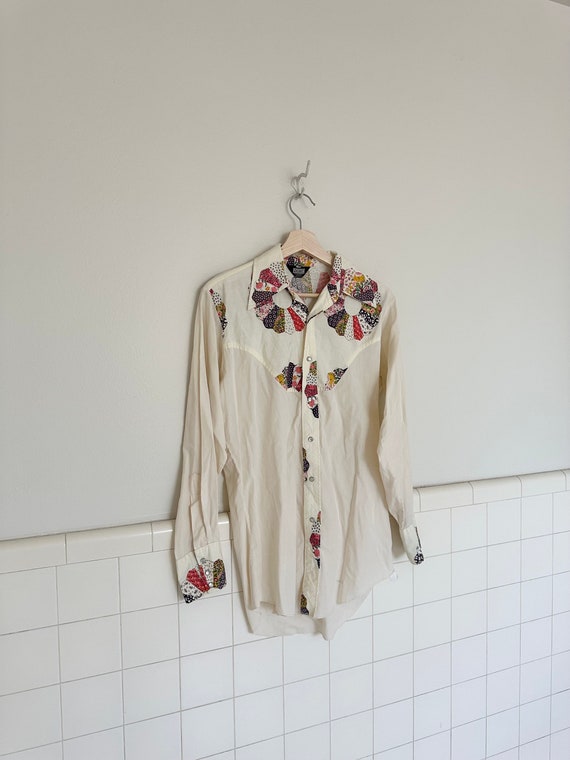 70s patchwork pearl snap button down• s/m• - image 9