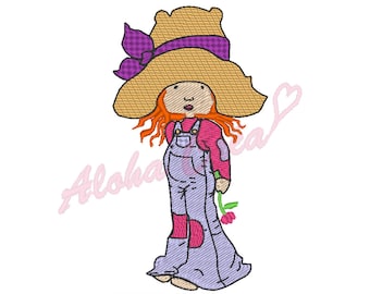 Machine Embroidery Design cute little girl with straw hat - multiple sizes - Instant Digital Download