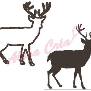 May include: Outline and silhouette of a deer with large antlers. The deer is facing right and standing on all four legs.