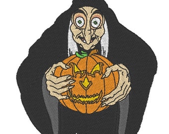 RESERVE machine embroidery pattern old witch with scary pumpkin- instant download