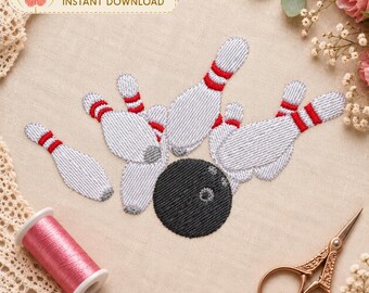 May include: A digital embroidery design featuring a black bowling ball and several white bowling pins with red stripes. The text reads DIGITAL EMBROIDERY DESIGN, INSTANT DOWNLOAD, and NO PHYSICAL PRODUCT. The design is stitched on light fabric.